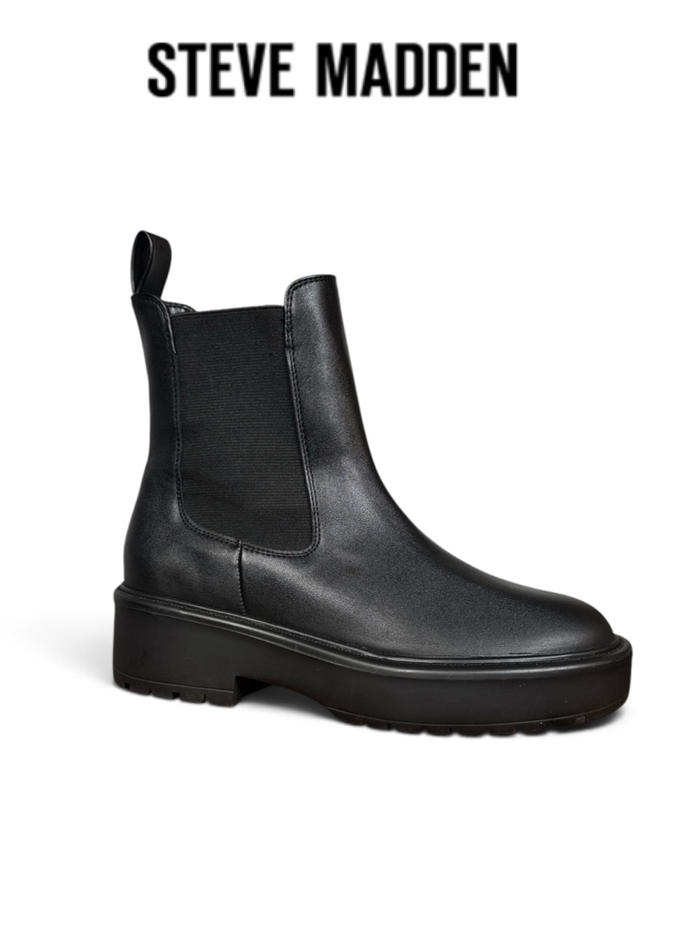 NWT STEVE MADDEN MADALYN BLACK VEGAN PLATFORM CHELSEA LUG SOLE BOOTS SIZE 9.5